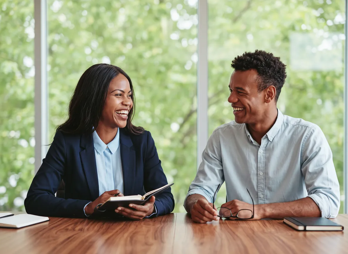 Two Shelvcraft business representatives smiling during a consultation