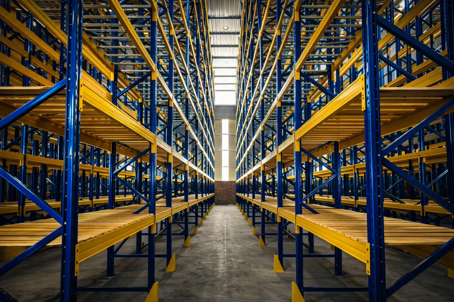 Heavy-duty warehouse pallet racking loaded with palletised stock