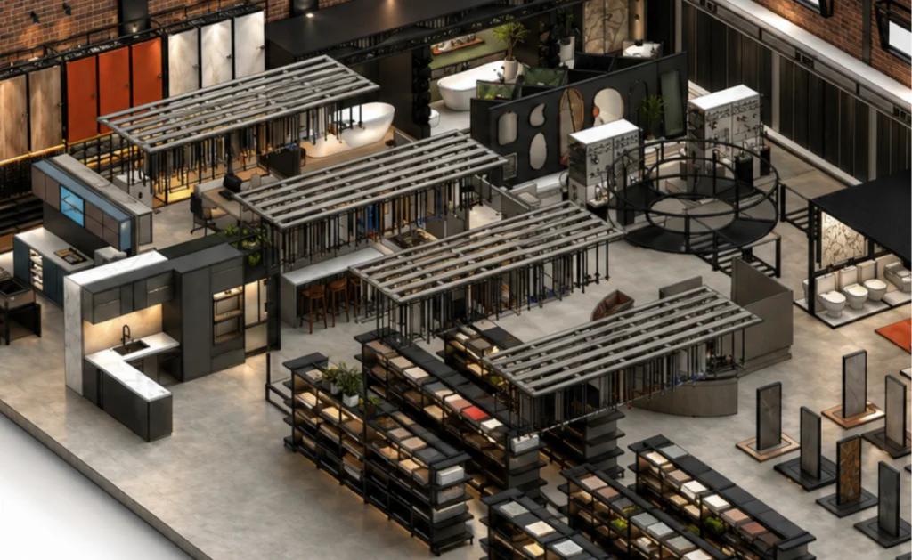 Designer reviewing a 3D shopfitting floor layout plan
