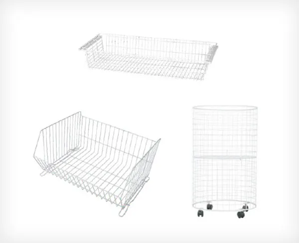 White wire display baskets and bins in various shapes